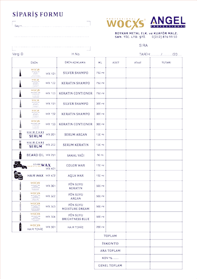 Angel Wox Sipariş Formu 1 - Sipariş Formu