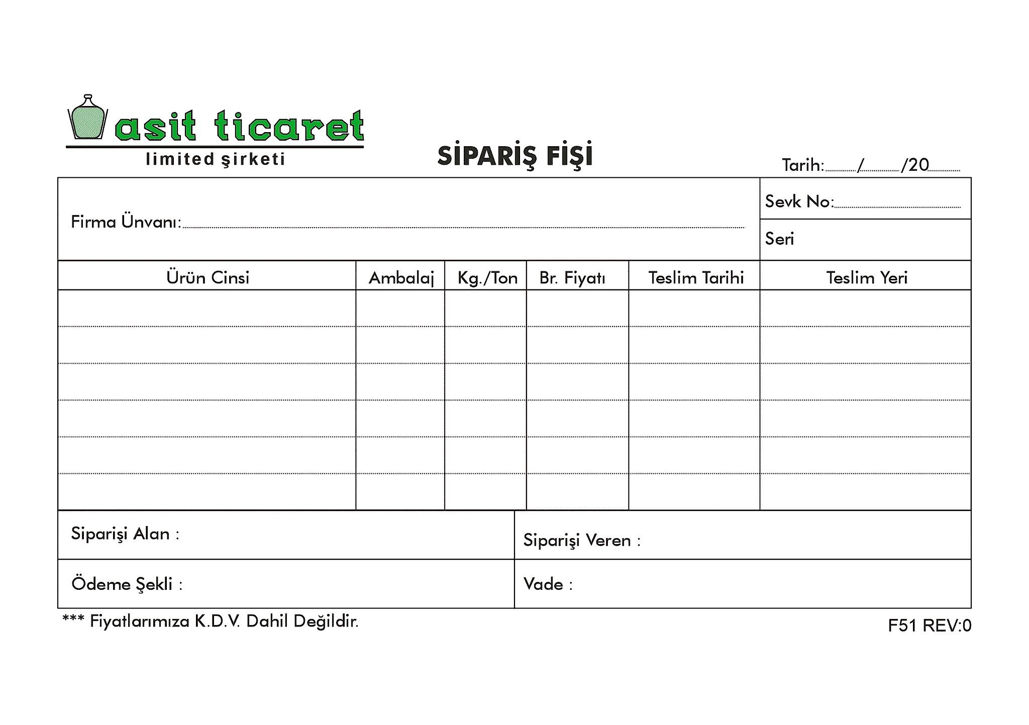 Asit Ticaret Sipariş Fişi - Sipariş Formu