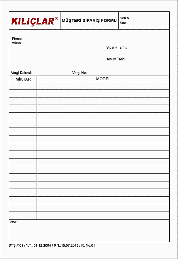 KILIÇLAR MÜŞTERİ SİPARİŞ FORMU 1 - Sipariş Formu