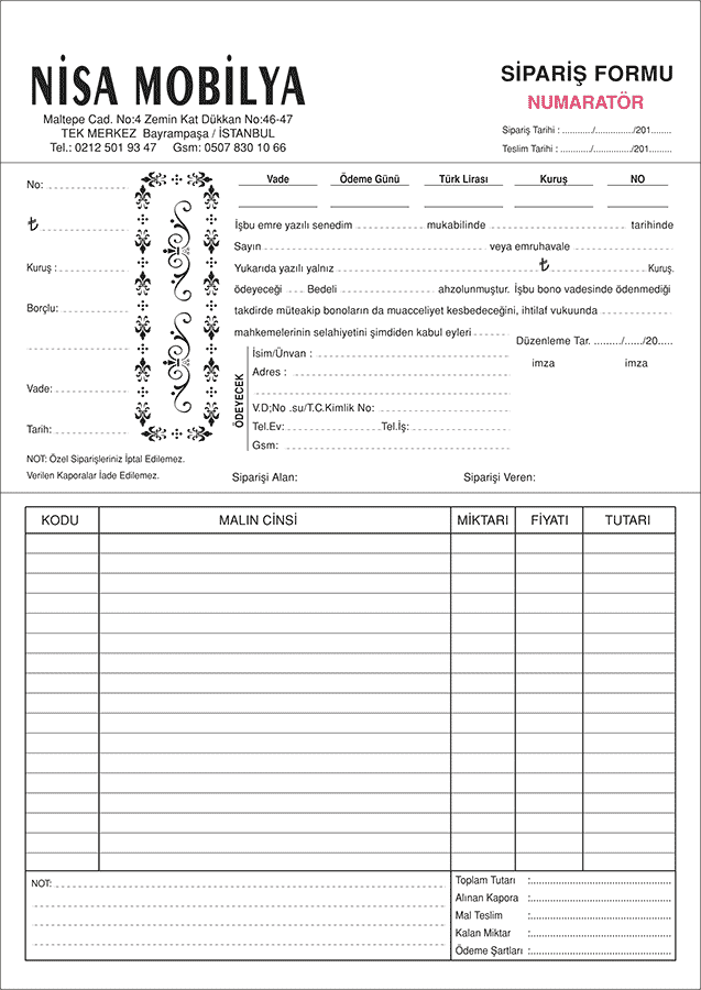 Nisa Sipariş Formu 1 - Sipariş Formu