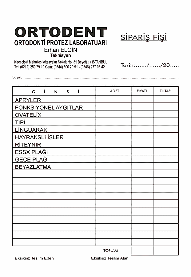ORTODENT SİPARİŞ FİŞİ 1 - Sipariş Formu