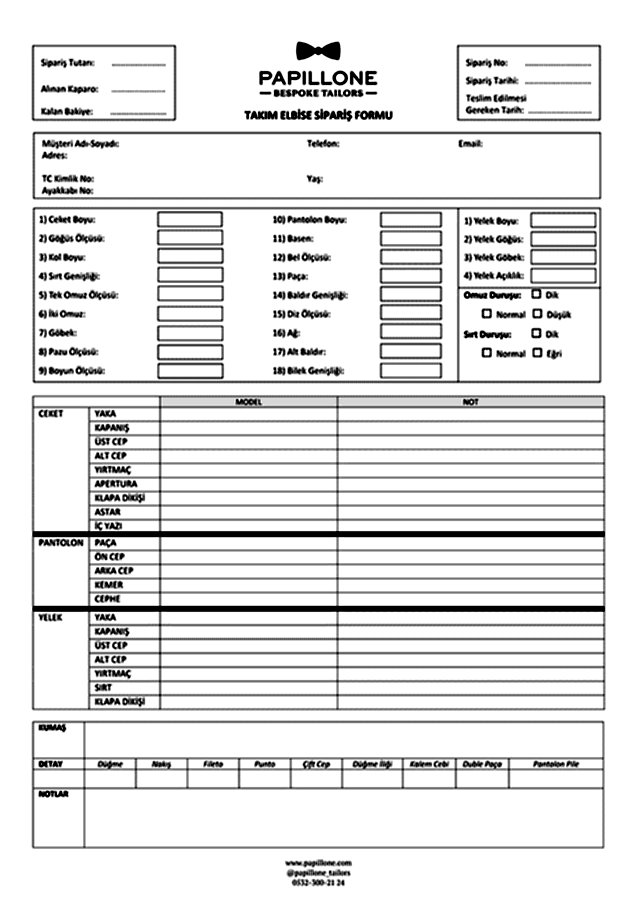 Papillone Takım Elbise Sipariş Formu 1 - Sipariş Formu